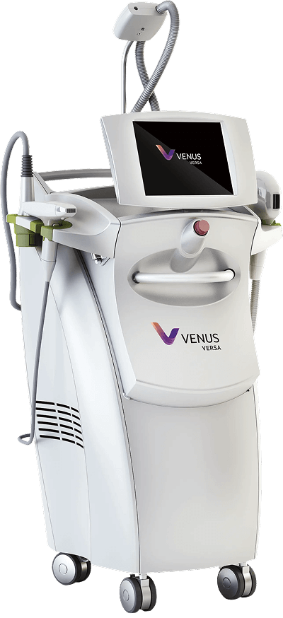 Venus Bliss medical device. White and gray machine with attached hoses and a touchscreen, on wheels.