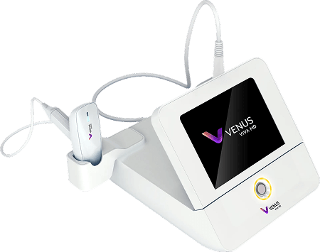 Venus Bliss medical device. White and gray machine with attached hoses and a touchscreen, on wheels.