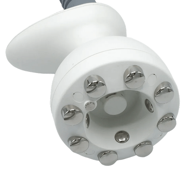 White handheld cellulite reduction device with circular head and silver contact points.