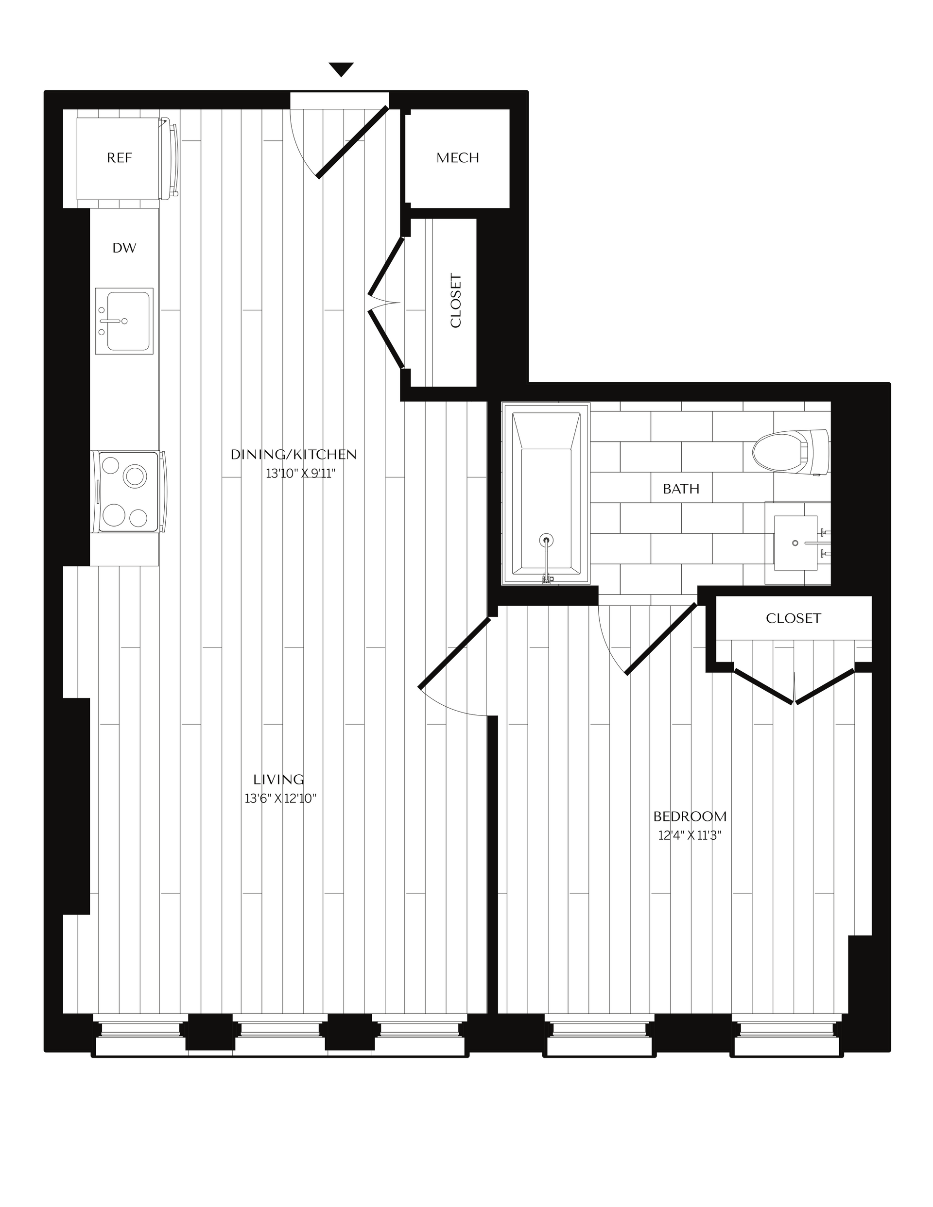 Floor plan of a small apartment. Features a living area, bathroom, and bedroom. The layout is minimalist with labeled spaces.