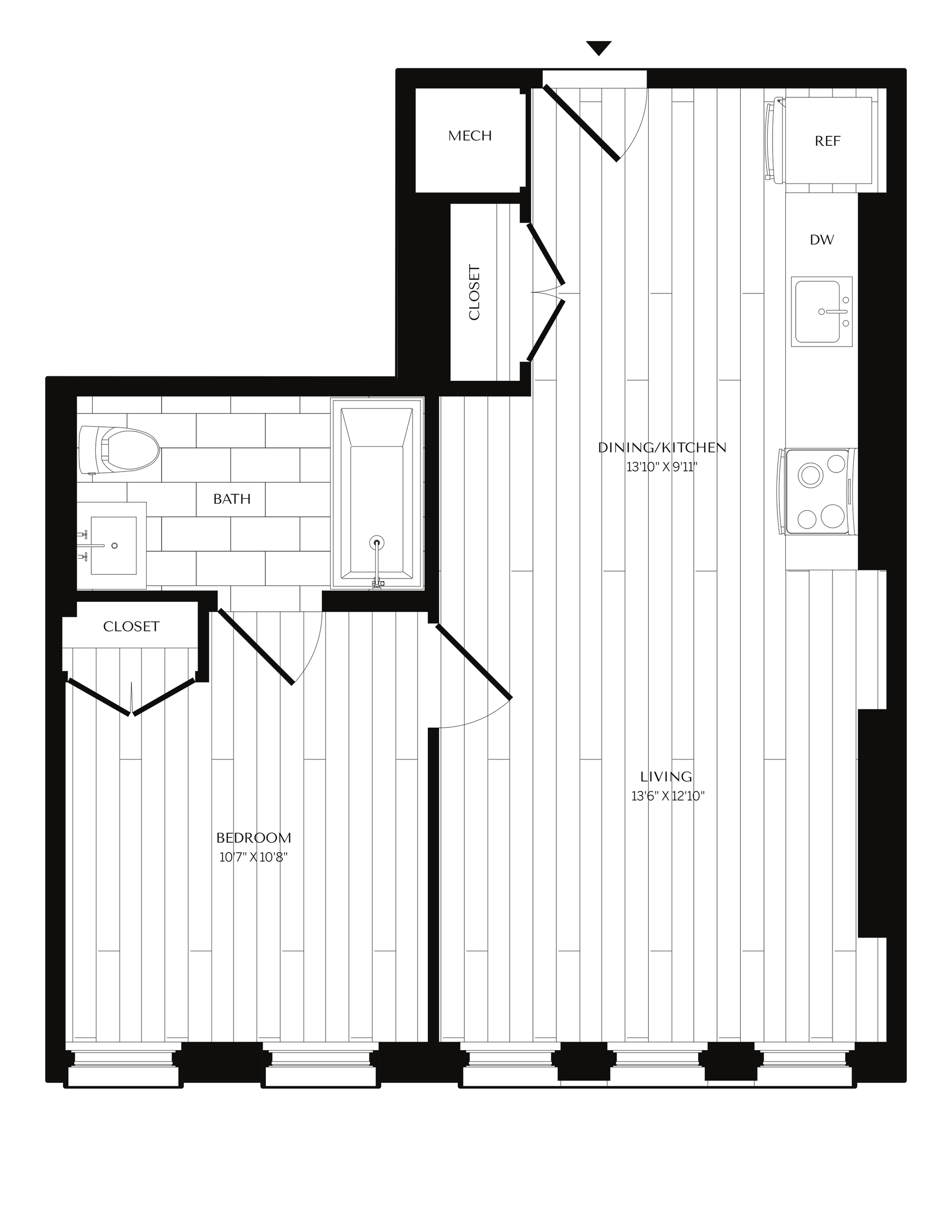 Floor plan of a small apartment with a bathroom, kitchen, and living/sleeping area. The main space is long and narrow.