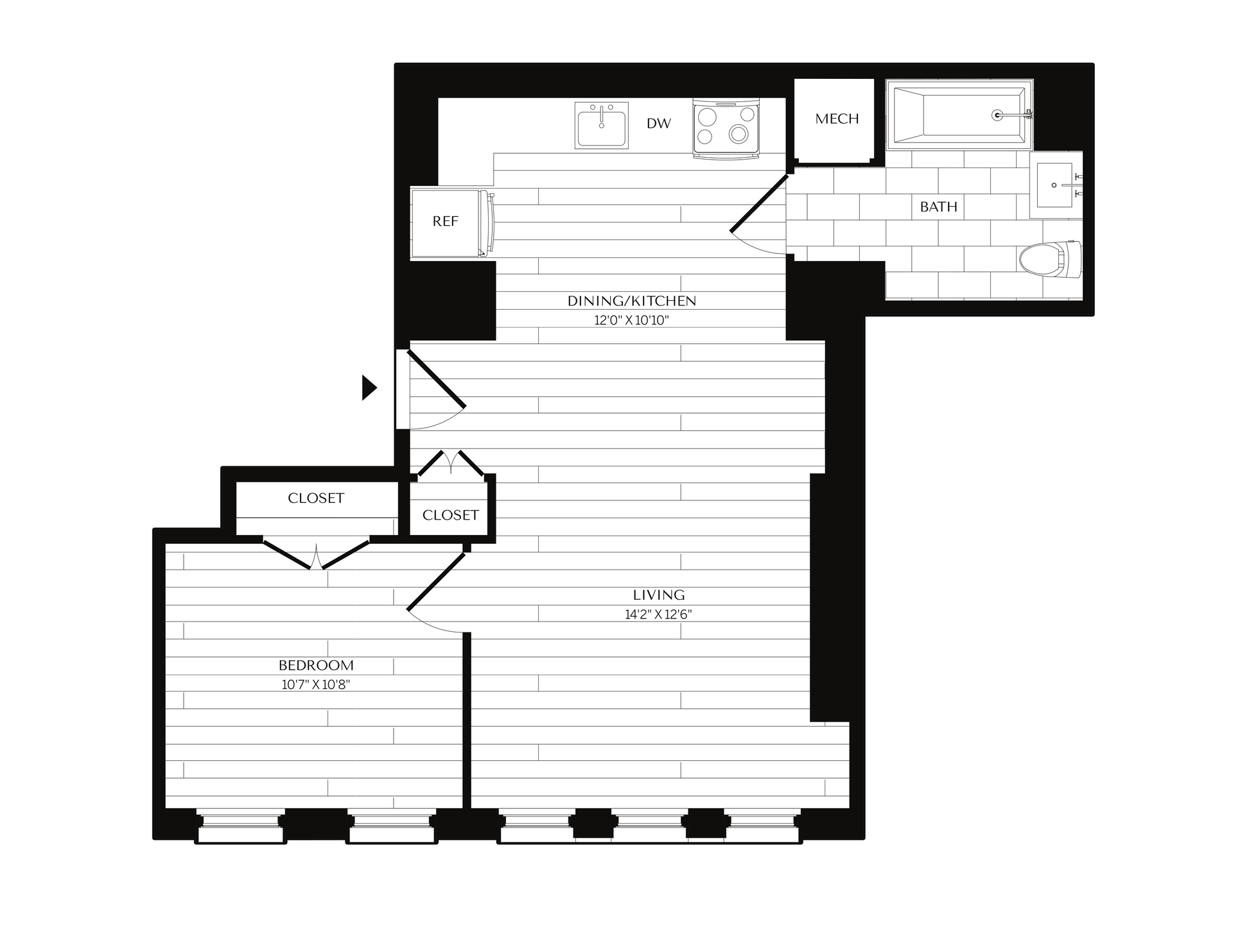 Floor plan of an apartment, showing the layout of the living room, kitchen, bathroom, and bedroom with dimensions.