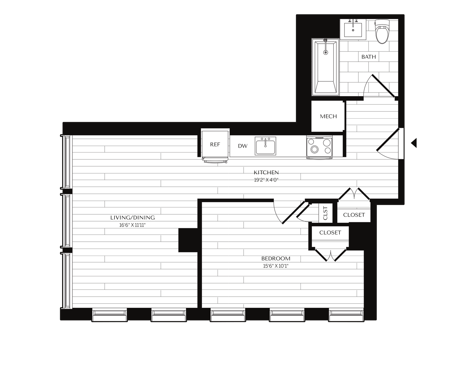 Floor plan of a studio apartment. Layout features living area, kitchen, bath, and closet, with labeled rooms.