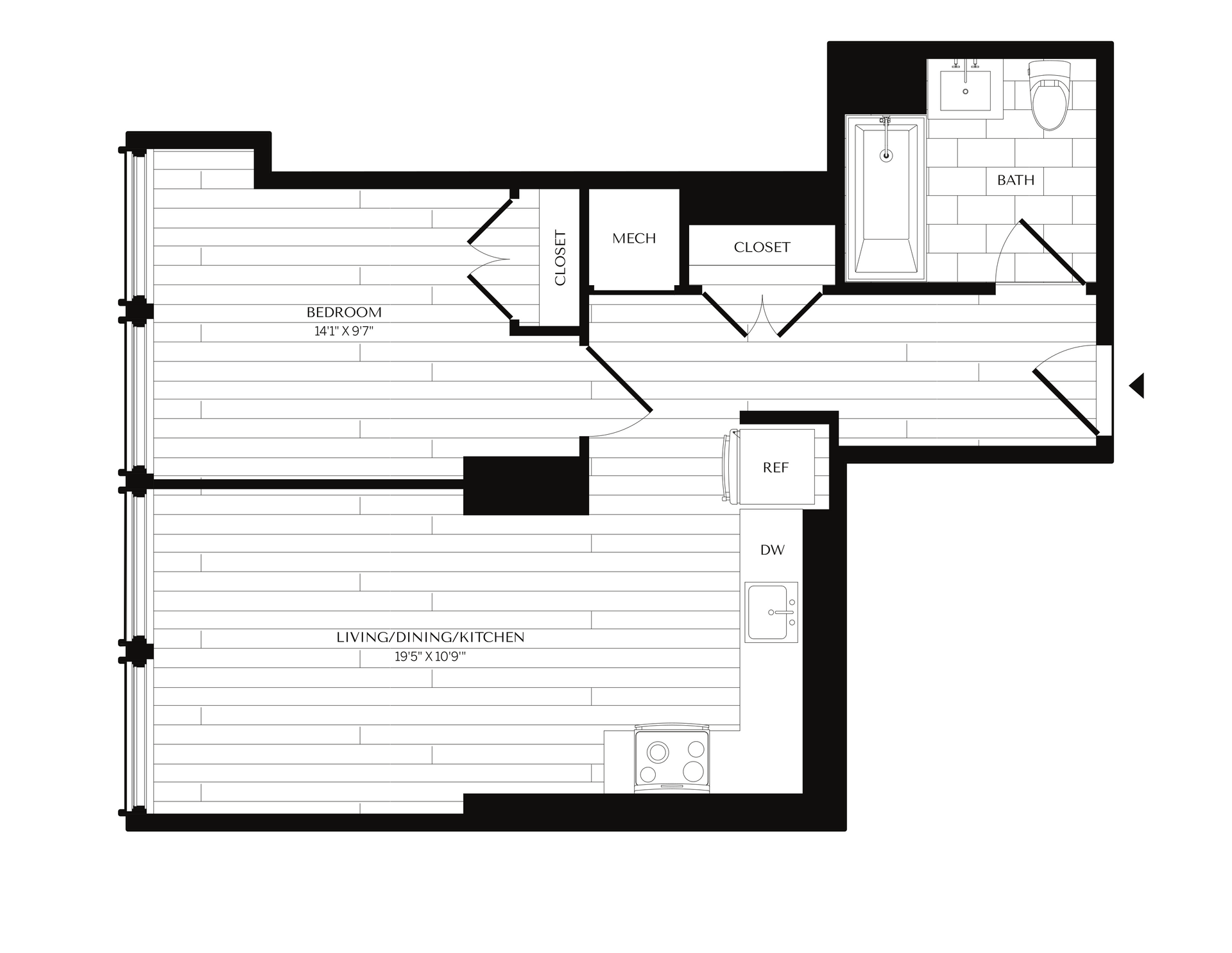 Floor plan of a studio apartment with living/dining area, kitchen, bathroom, walk-in closet.
