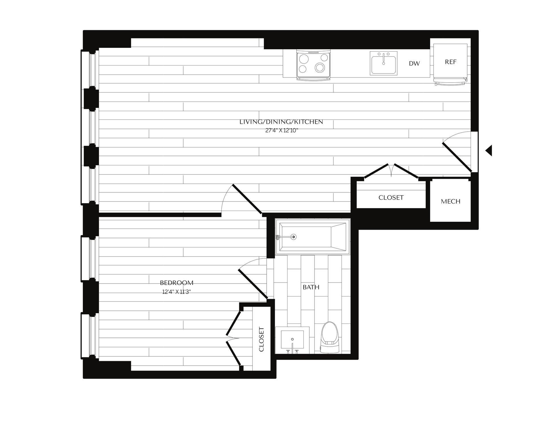 Floor plan of a studio apartment. Features a main living area, kitchen, bathroom, and closet space.