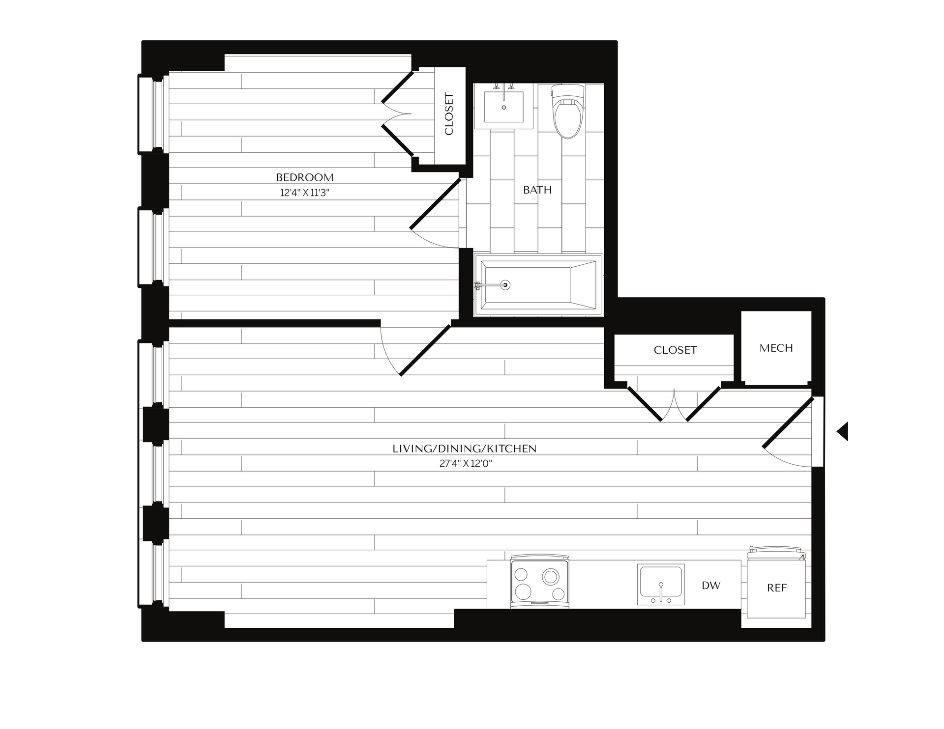 Floor plan of an apartment with a living area, kitchen, bathroom, and closet. The layout shows the arrangement of rooms and fixtures.