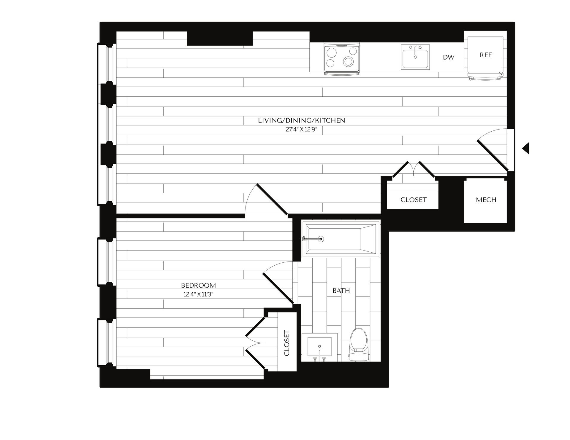 Floor plan of an apartment. Includes a kitchen, living area, bathroom, bedroom, and closets.