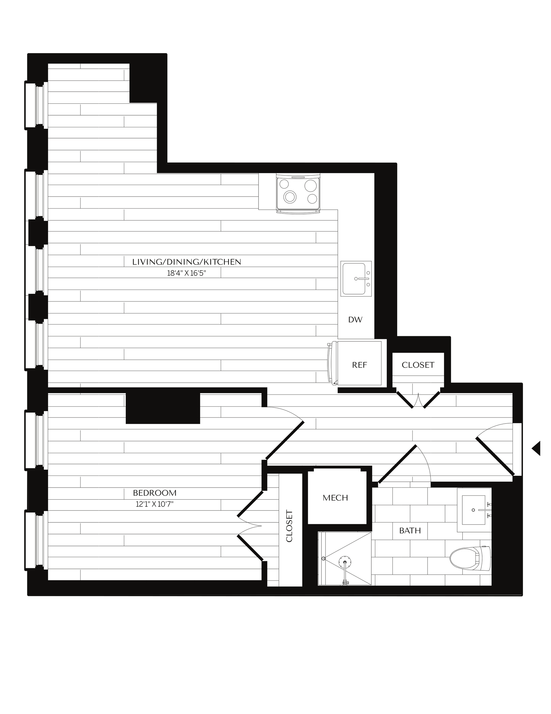 Floor plan of a modern apartment. Shows the layout with living area, kitchen, bedroom, and bathroom. Dark border, white interior.