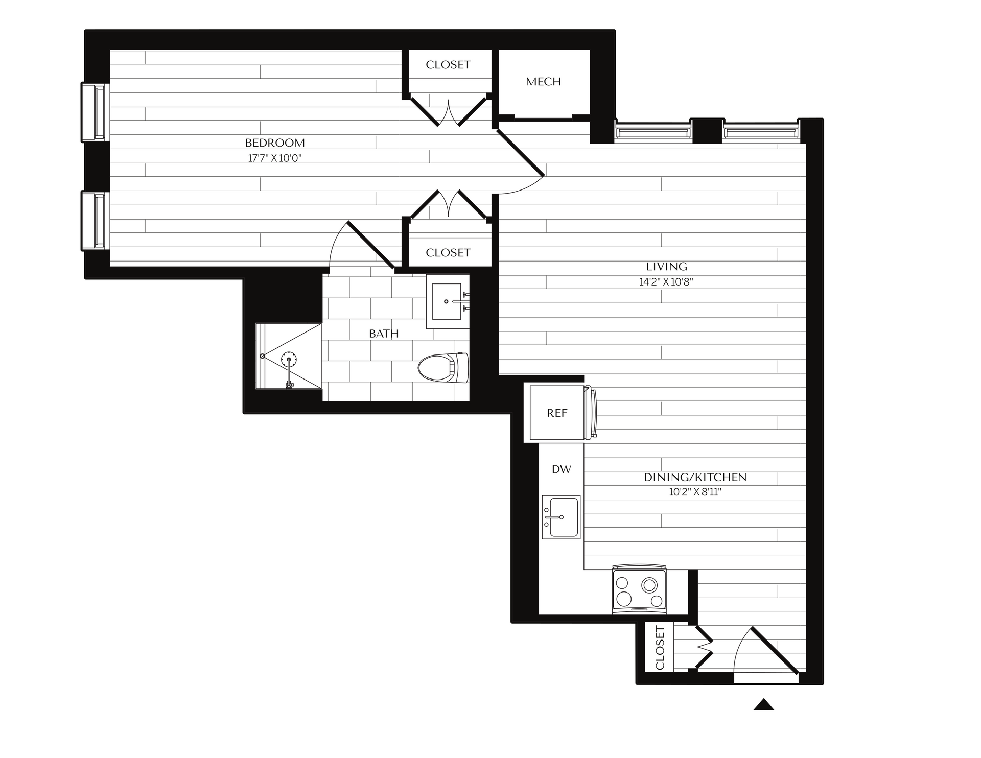 Floor plan of an apartment with a bedroom, living room, kitchen, and bathroom. The layout is in black and white.