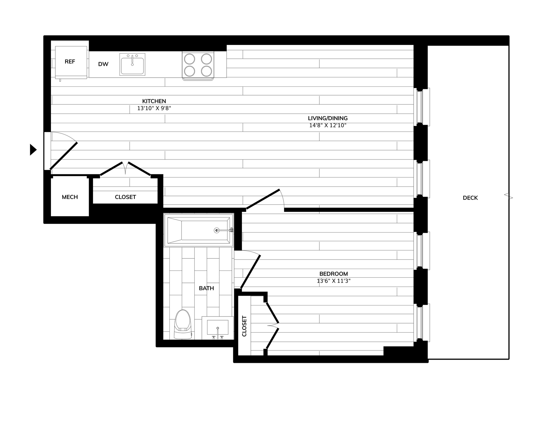 Floor plan of a studio apartment with a kitchen, bathroom, living area, and closet. The layout is in black and white.