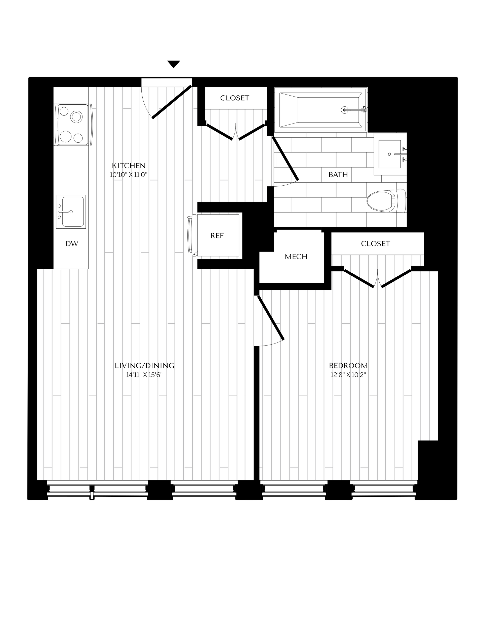 Floor plan of a small apartment. Includes a kitchen, bathroom, and living area with large windows.