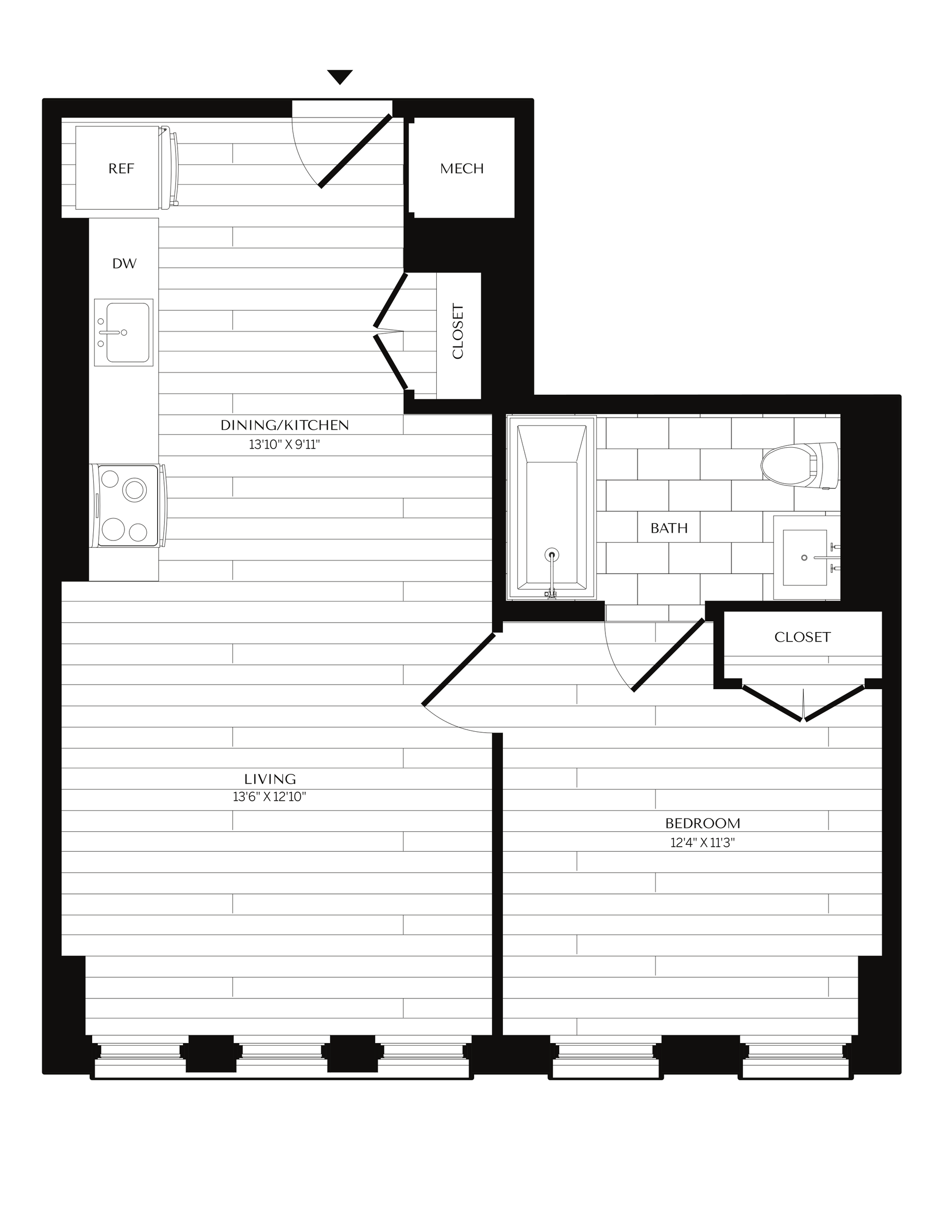 Floor plan of an apartment with a living area, bedroom, bathroom, and kitchen. Black walls outline the rooms.