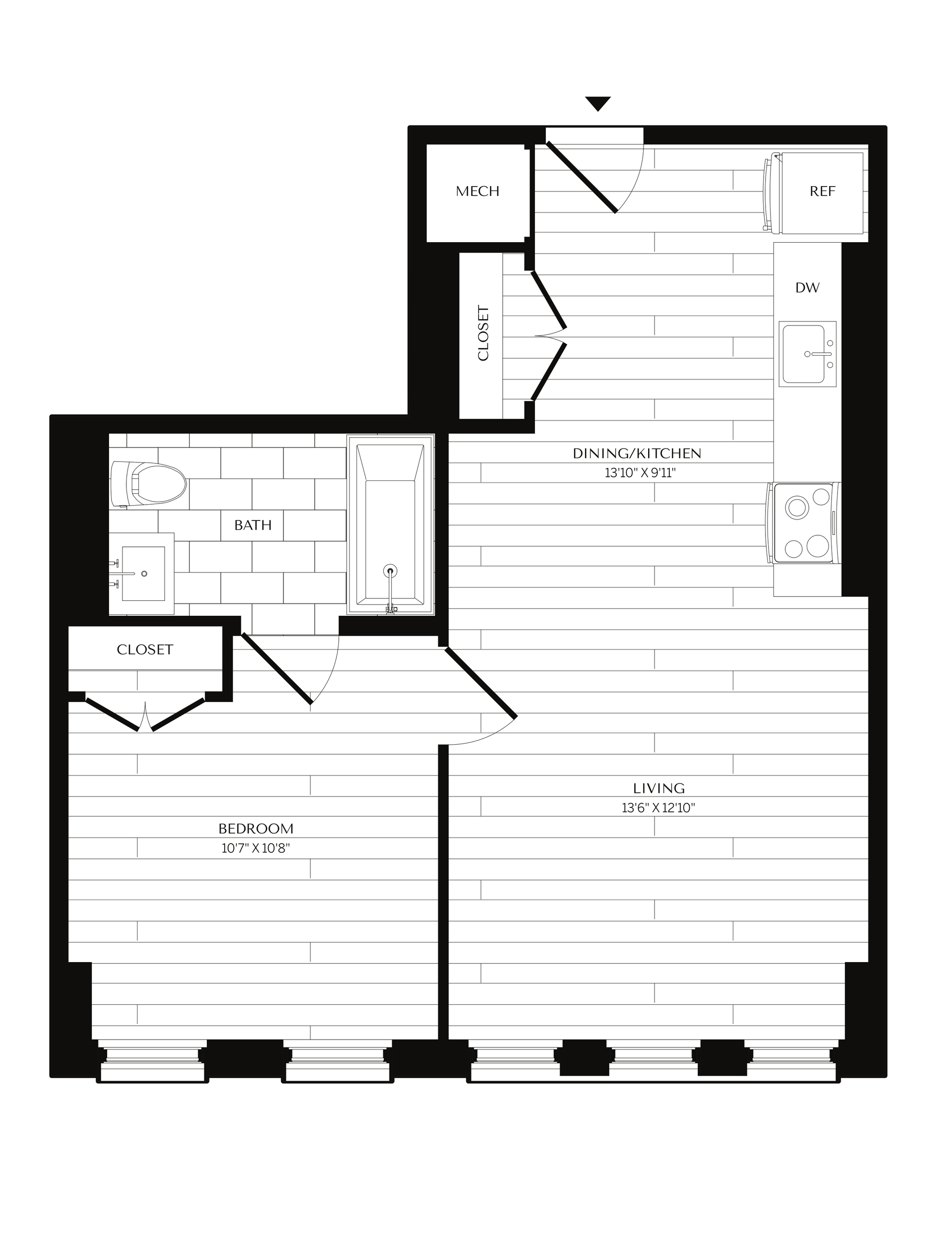 Floor plan of an apartment with a bathroom, kitchen, living area, and bedroom. The layout is a black and white schematic.