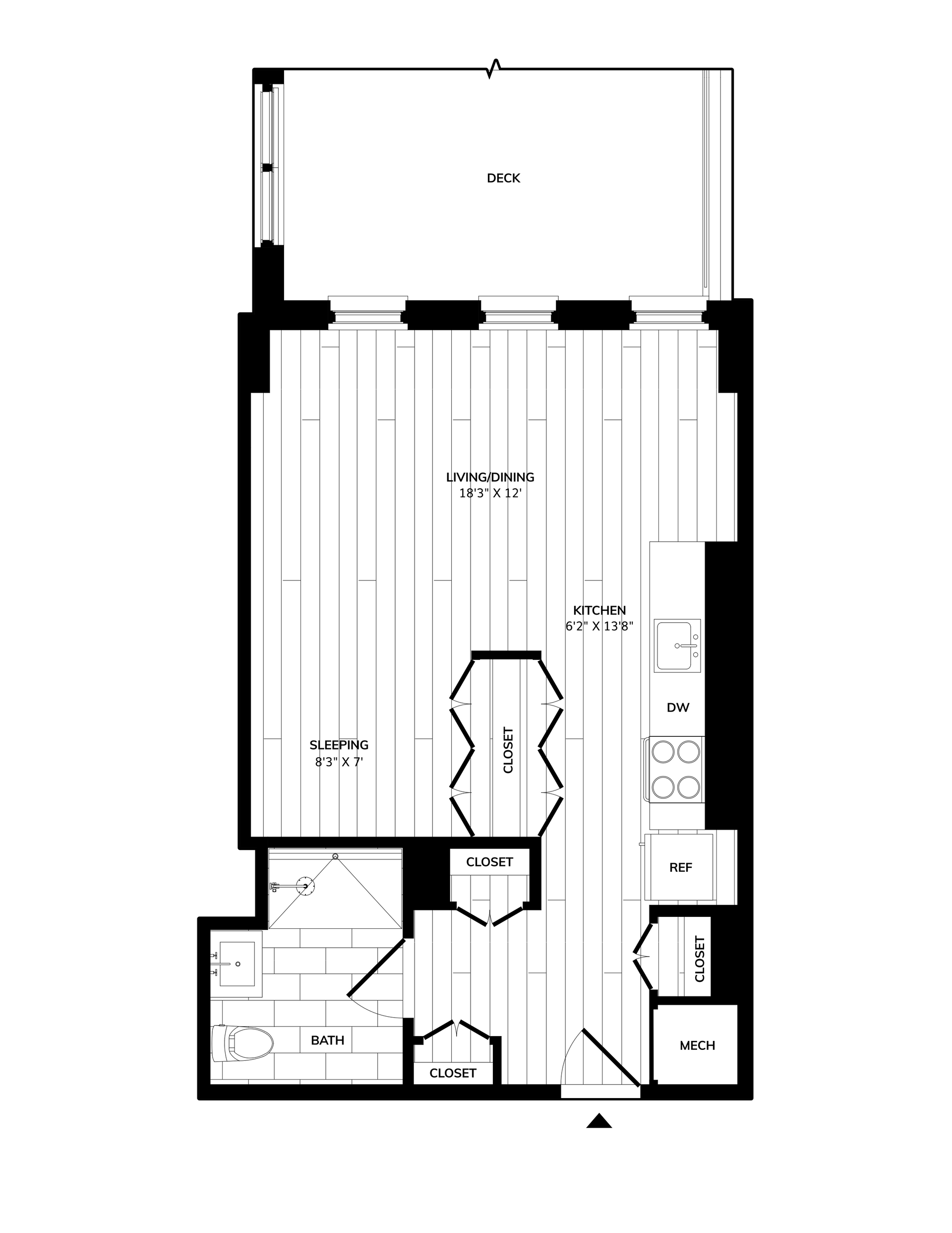 Floor plan of a narrow apartment with a living area, kitchen, bedroom, bathroom, and storage spaces.
