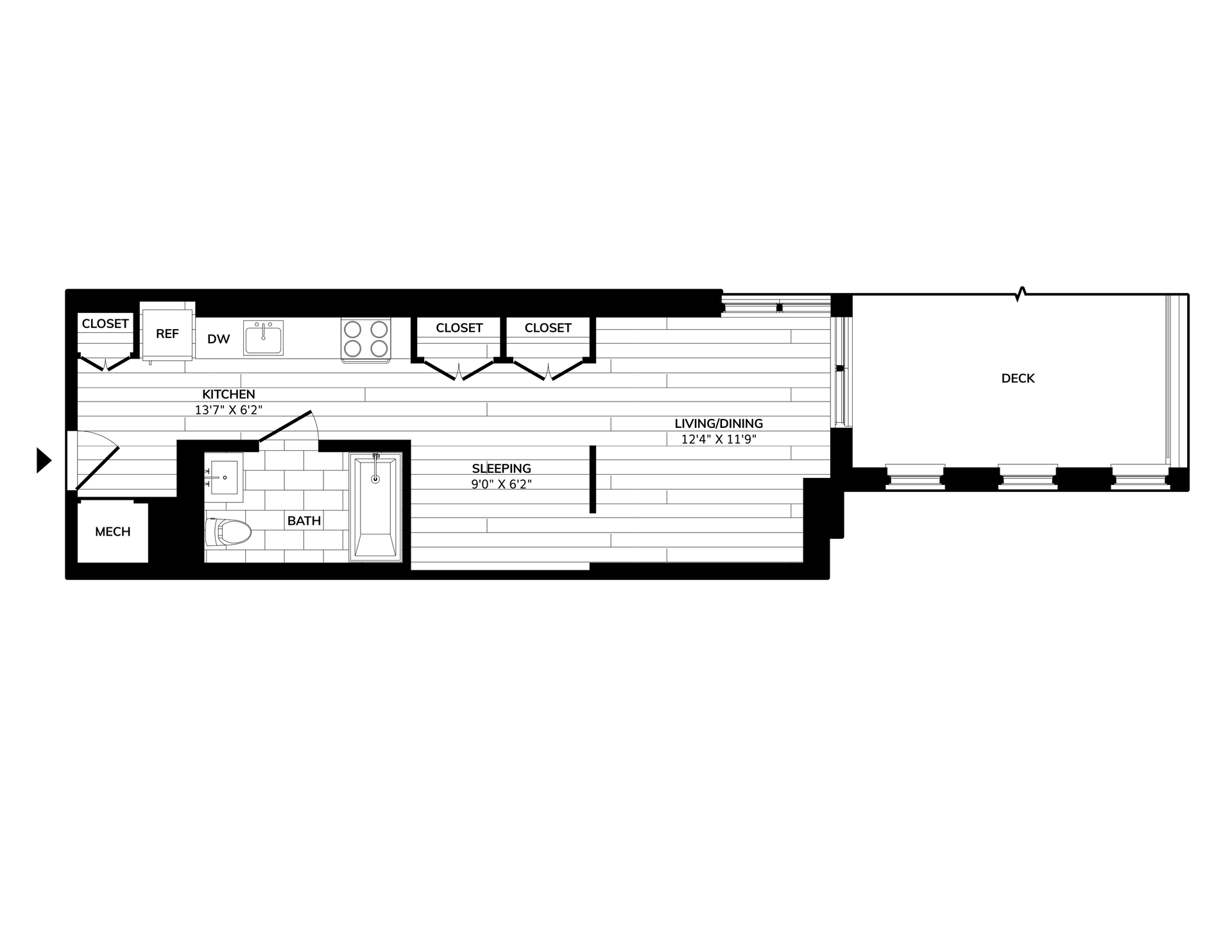 Floor plan of a studio apartment. Features living/dining area, kitchen, bathroom, and a small balcony.