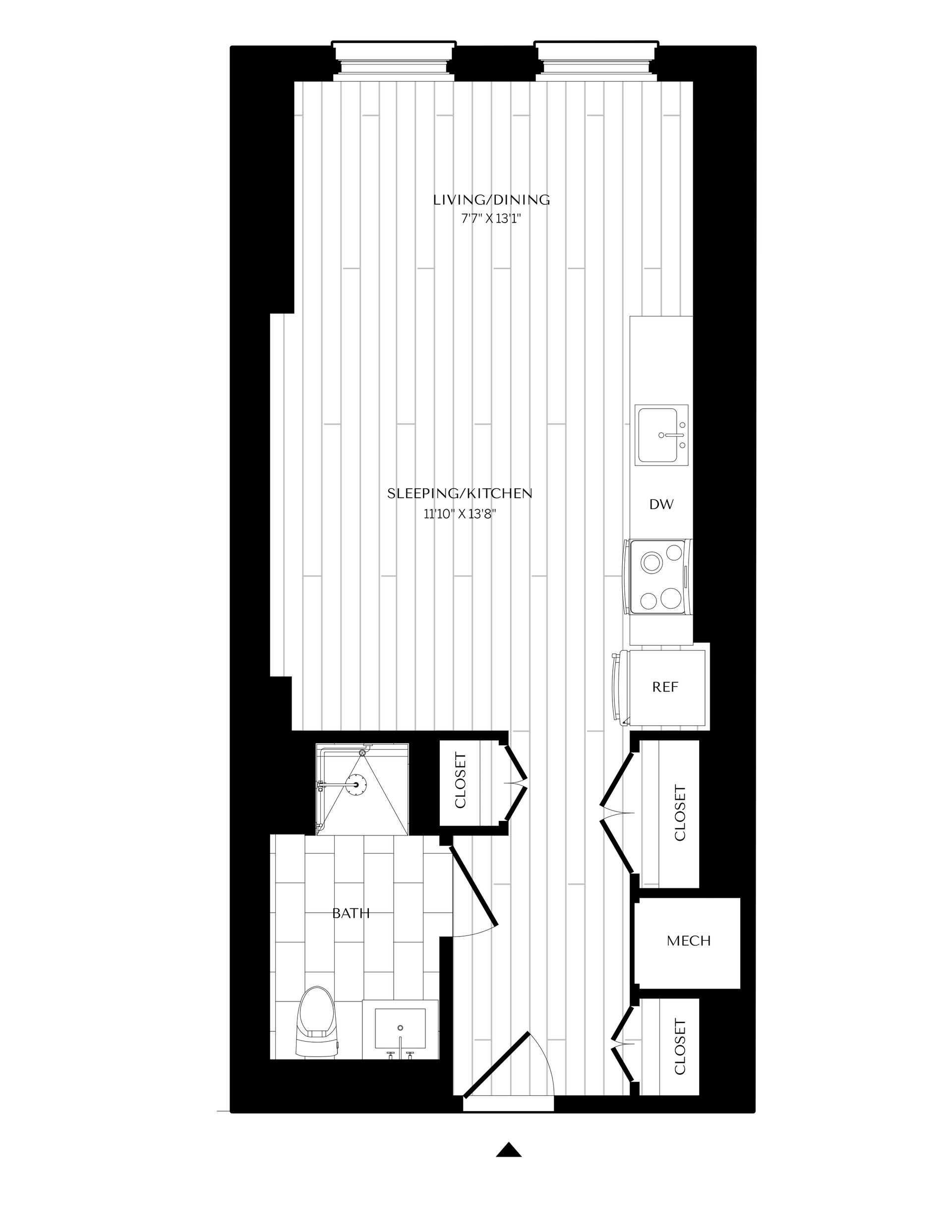 Floor plan of a narrow studio apartment with a bathroom, kitchen, and living space.