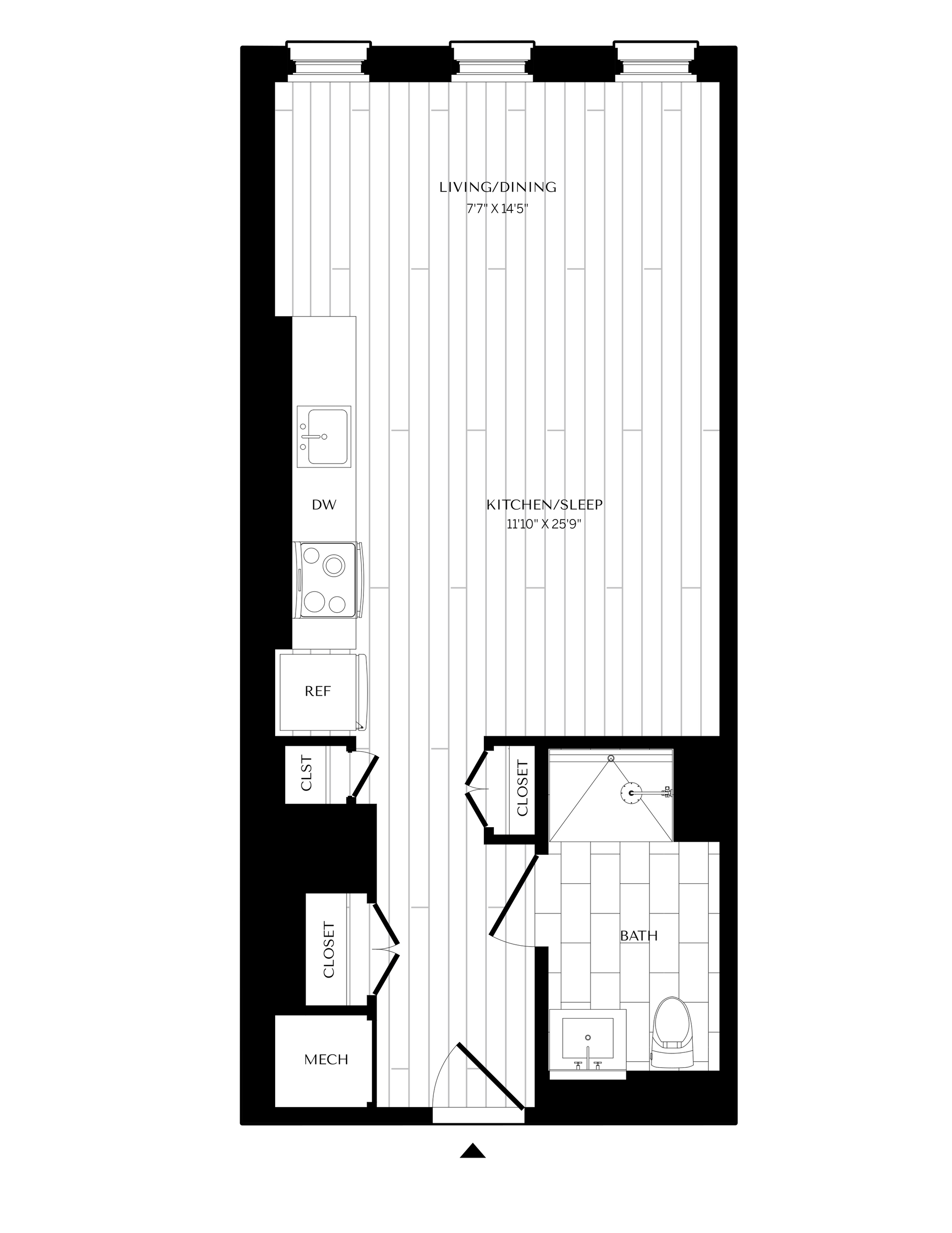 Floor plan of a studio apartment: living space, kitchen, and bathroom areas. Includes furniture like a bed, table, and appliances.