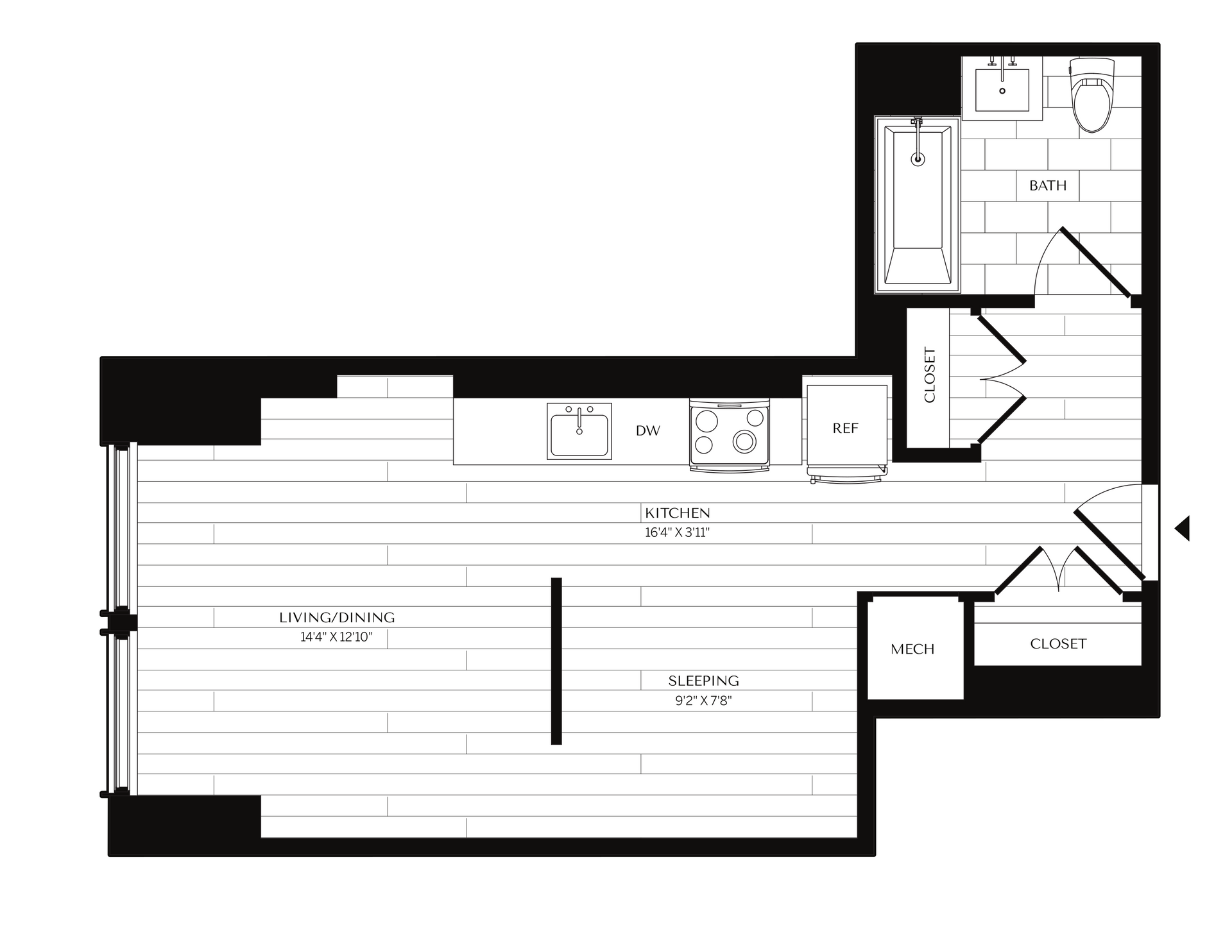 Floor plan of a studio apartment, showing living area, kitchen, bathroom, and closet. It includes furniture outlines and appliance placements.