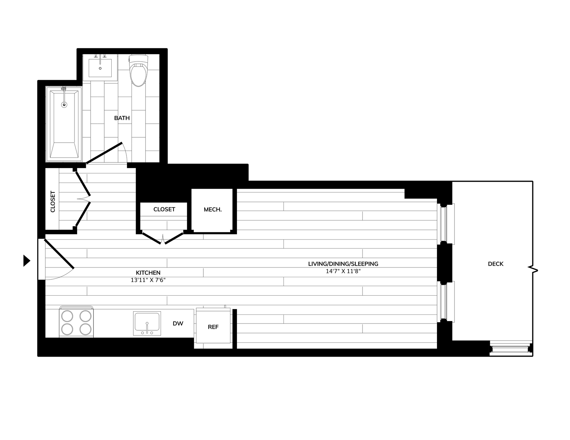 Floor plan of a studio apartment with a bathroom, kitchen, living area, and a small closet. Includes dimensions and labeled areas.