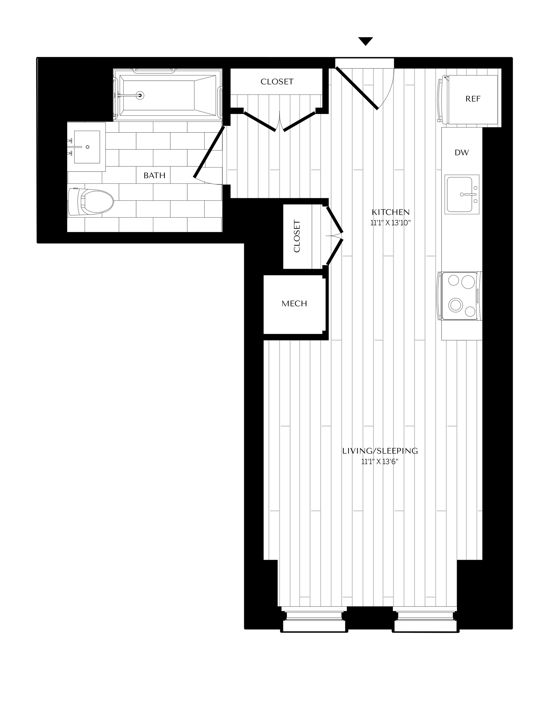 Floor plan of an apartment with a bathroom, kitchen, living area, and entry. Wooden floorboards extend the length of the apartment.