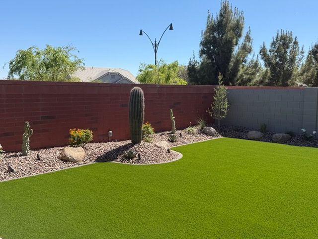 A backyard with a bright green artificial lawn, a reddish-brown wooden fence, and a garden bed featuring a saguaro cactus.