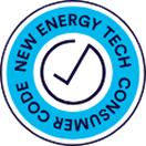 Circular blue-and-white logo reading “CODE NEW ENERGY TECH CONSUMER CODE” with a checkmark in the center