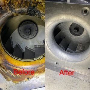 Comparison: dirty and cleaned industrial fan. Before: brown, grime. After: clean, metal.