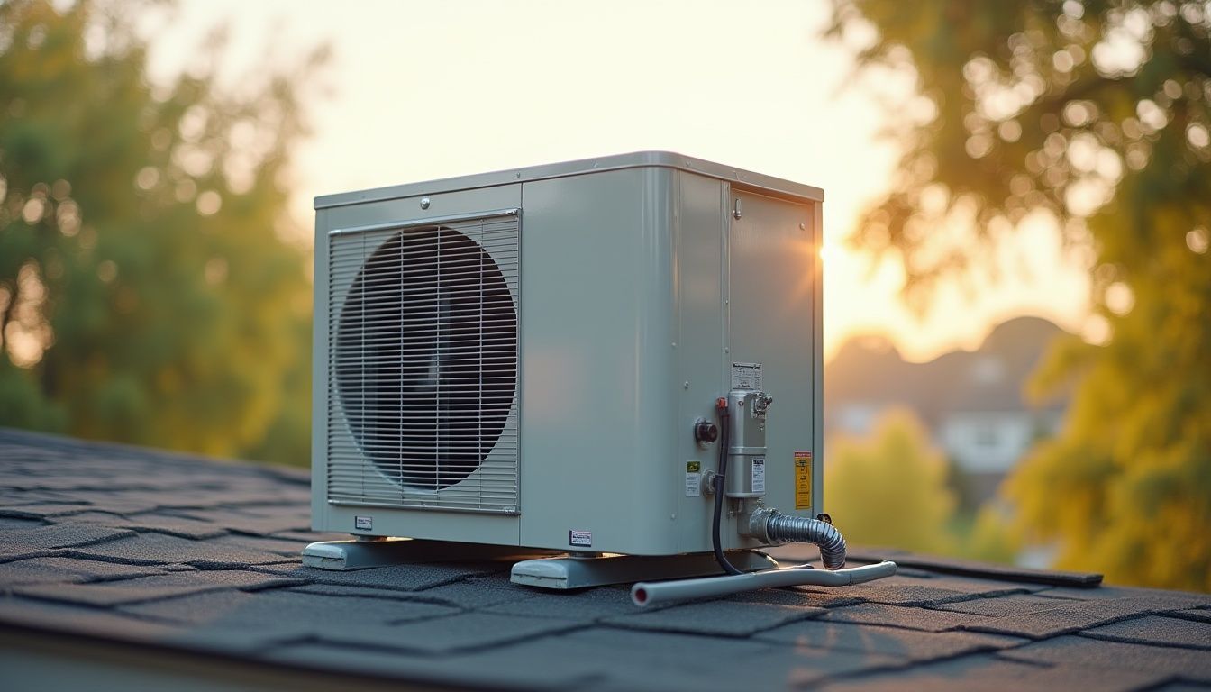 HVAC unit on a roof, with trees and sunlight in the background.