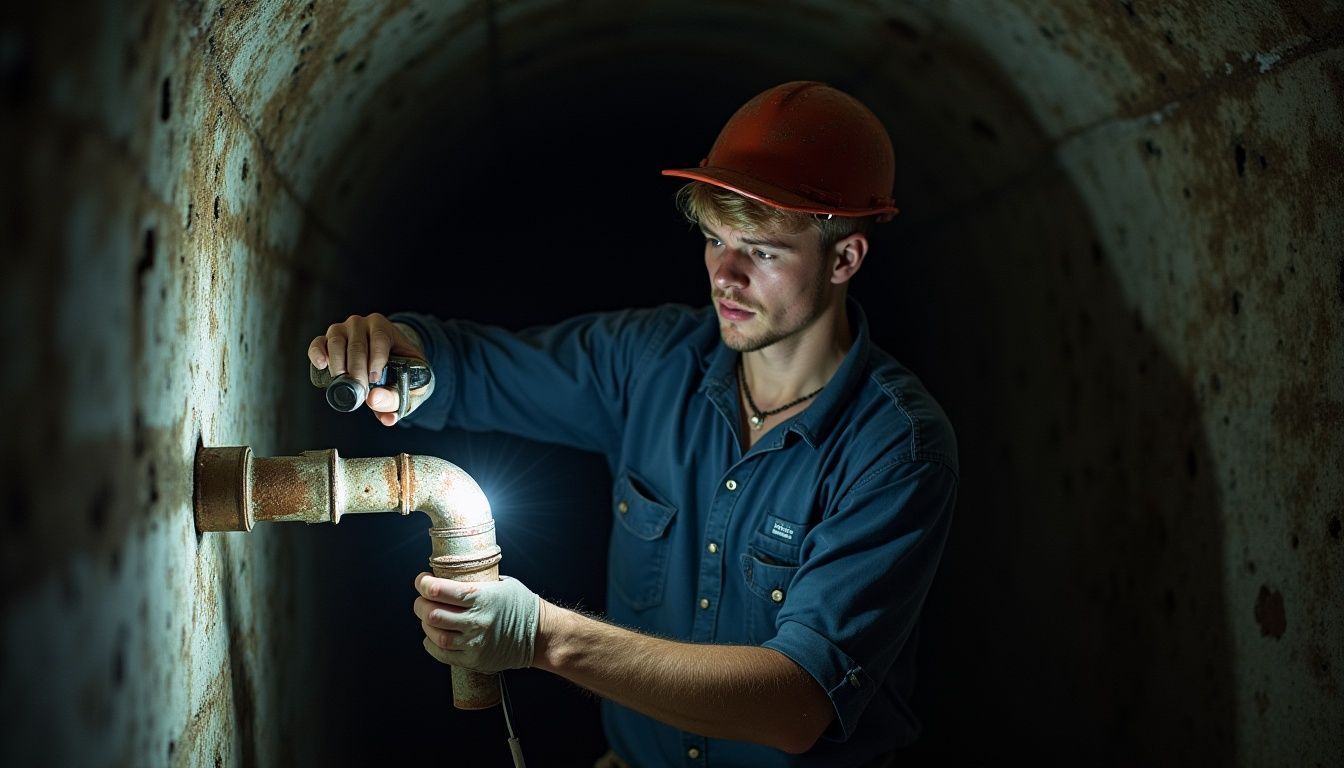 A young man wearing a hard hat and gloves examines a pipe with a flashlight in a dark, arched tunnel.