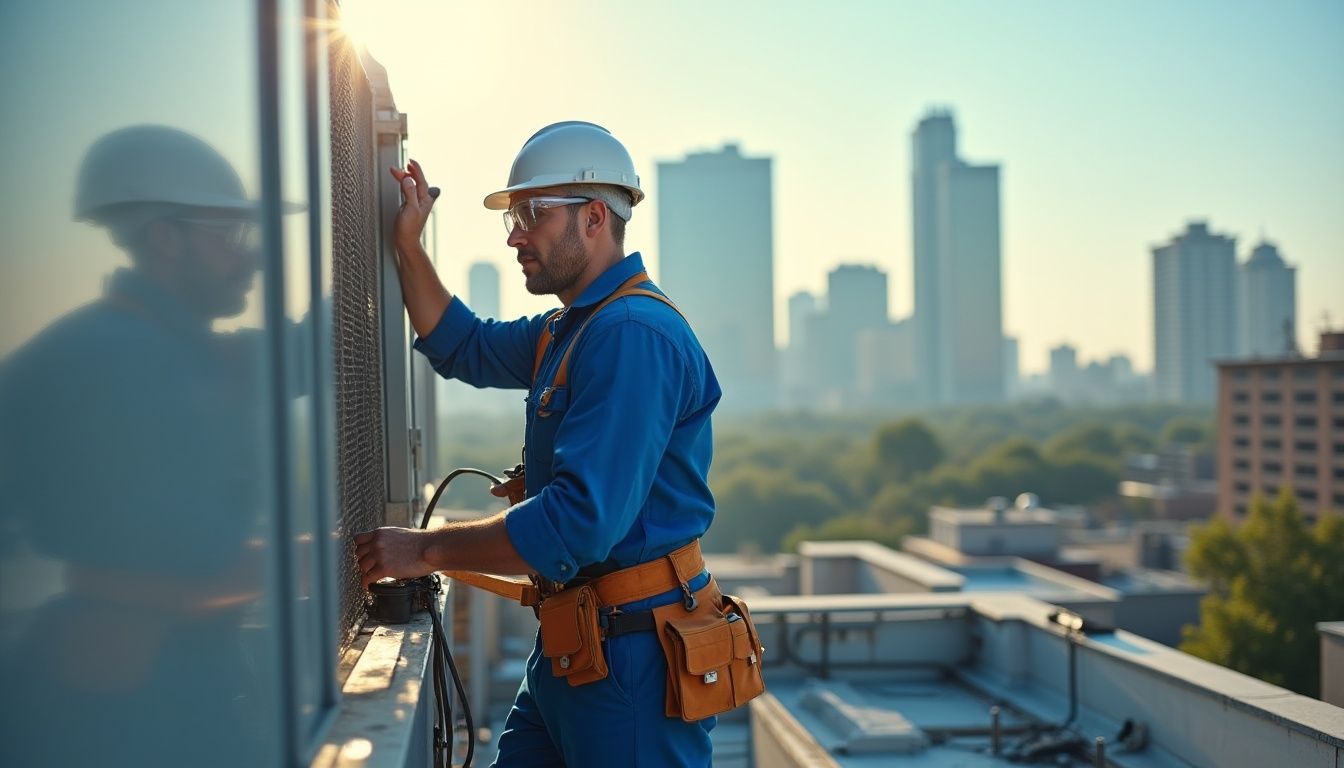 Construction worker in blue overalls and hard hat working on the side of a building, cityscape in background.