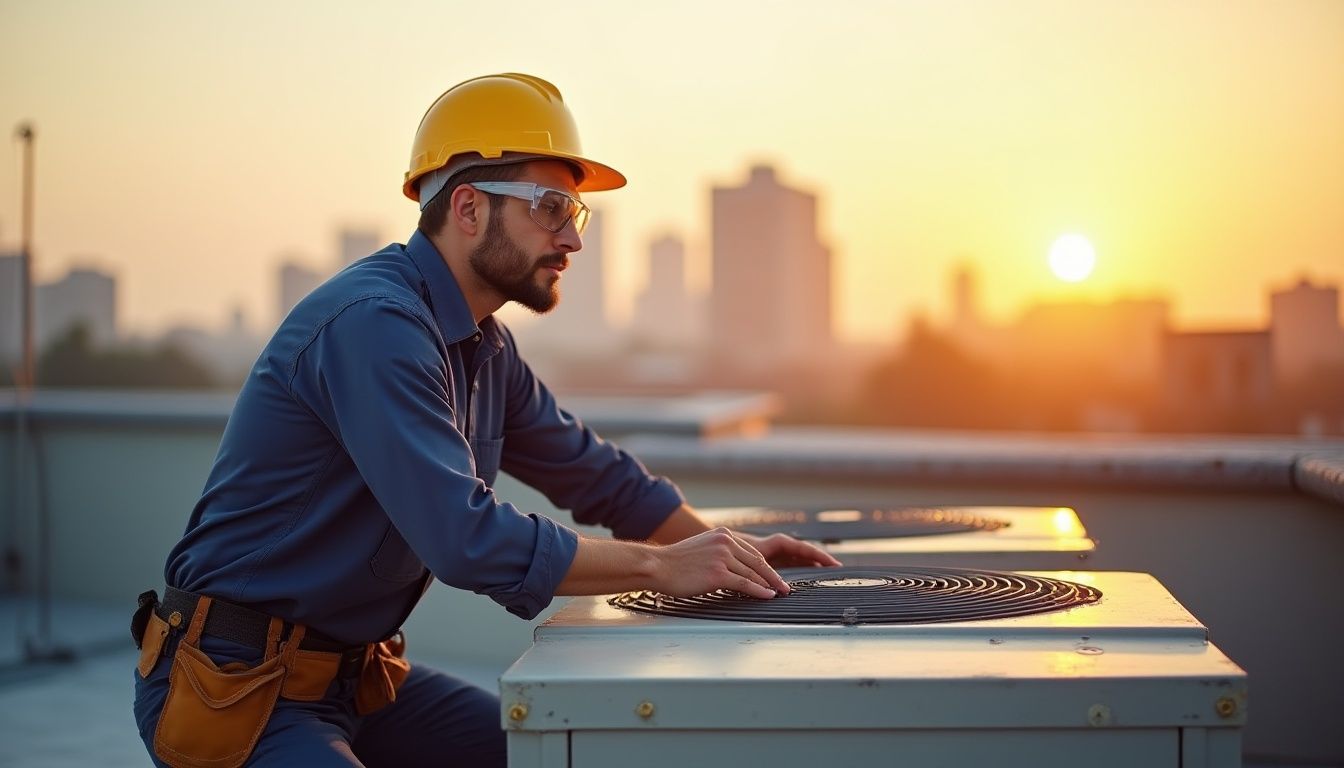 Construction worker in a yellow hard hat and safety glasses inspects HVAC unit on a rooftop at sunset.