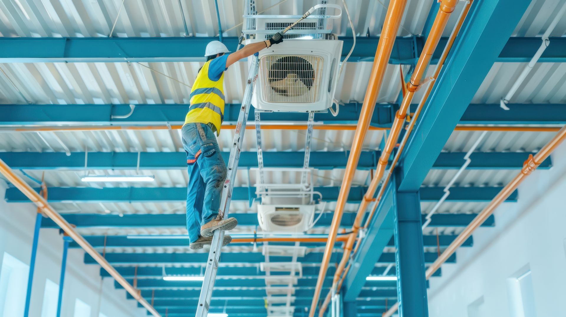 A worker in a safety vest and hard hat repairs an air conditioning unit on a ladder in a large warehouse.
