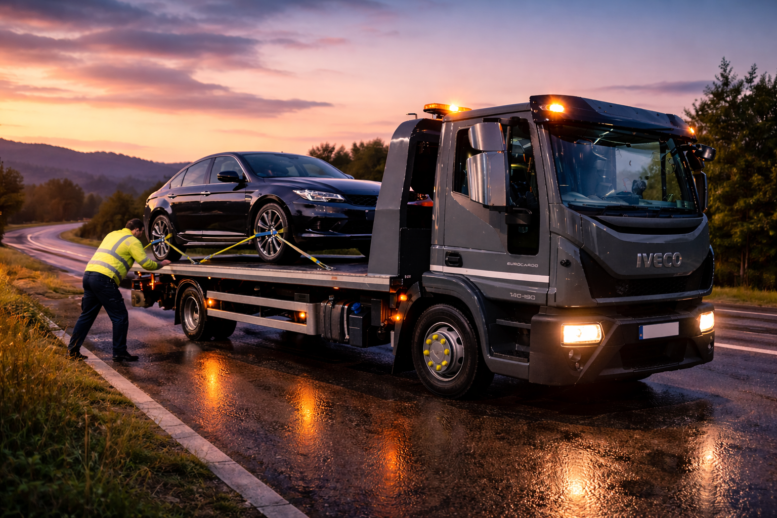 Tow truck hauling a black car at dusk on a wet road as a worker guides it from the back