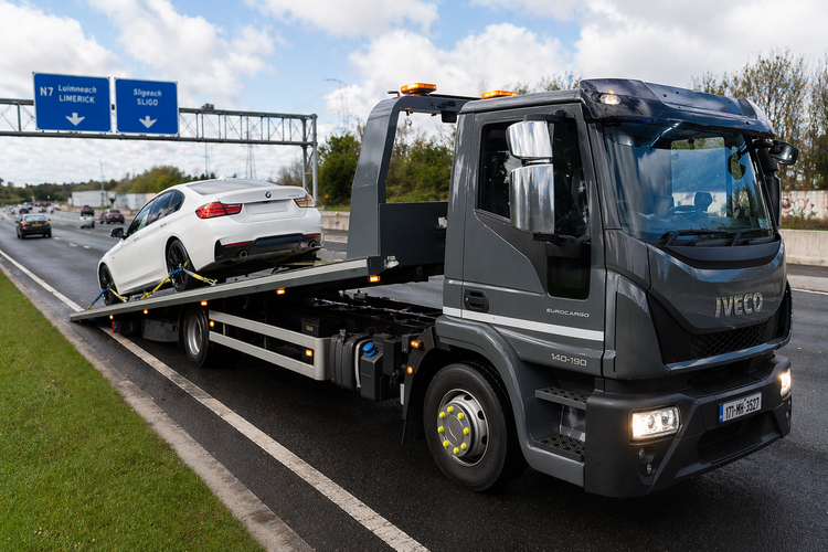 Tow truck carrying a white car on a highway under blue road signs