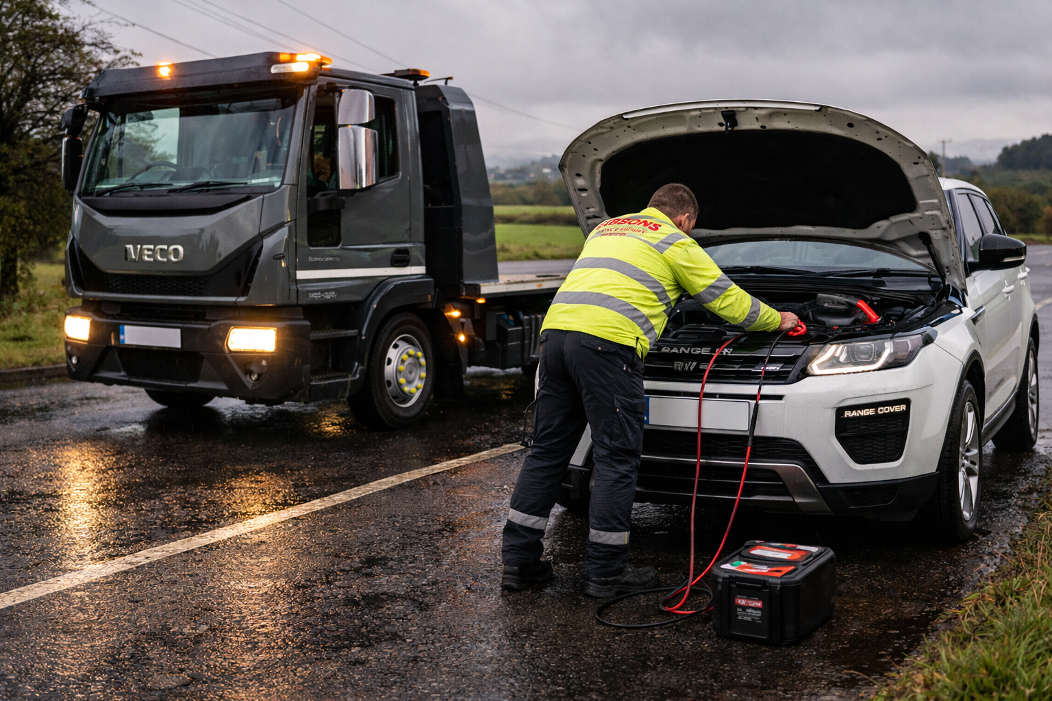 Tow truck operator jump-starts a white SUV on a wet road beside a tow truck with its hood open.
