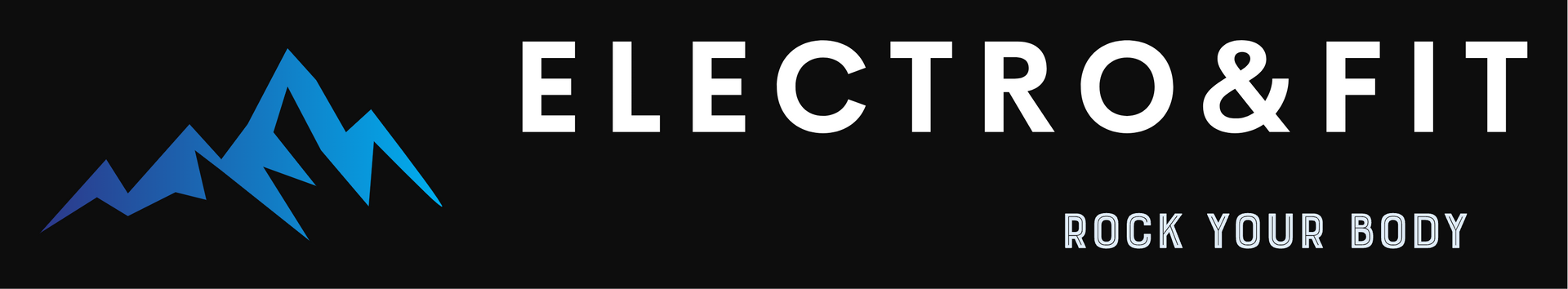 Logo pour Electro&Fit : chaîne de montagnes bleue à côté du texte blanc « ELECTRO&FIT » avec « ROCK YOUR BODY » en dessous.