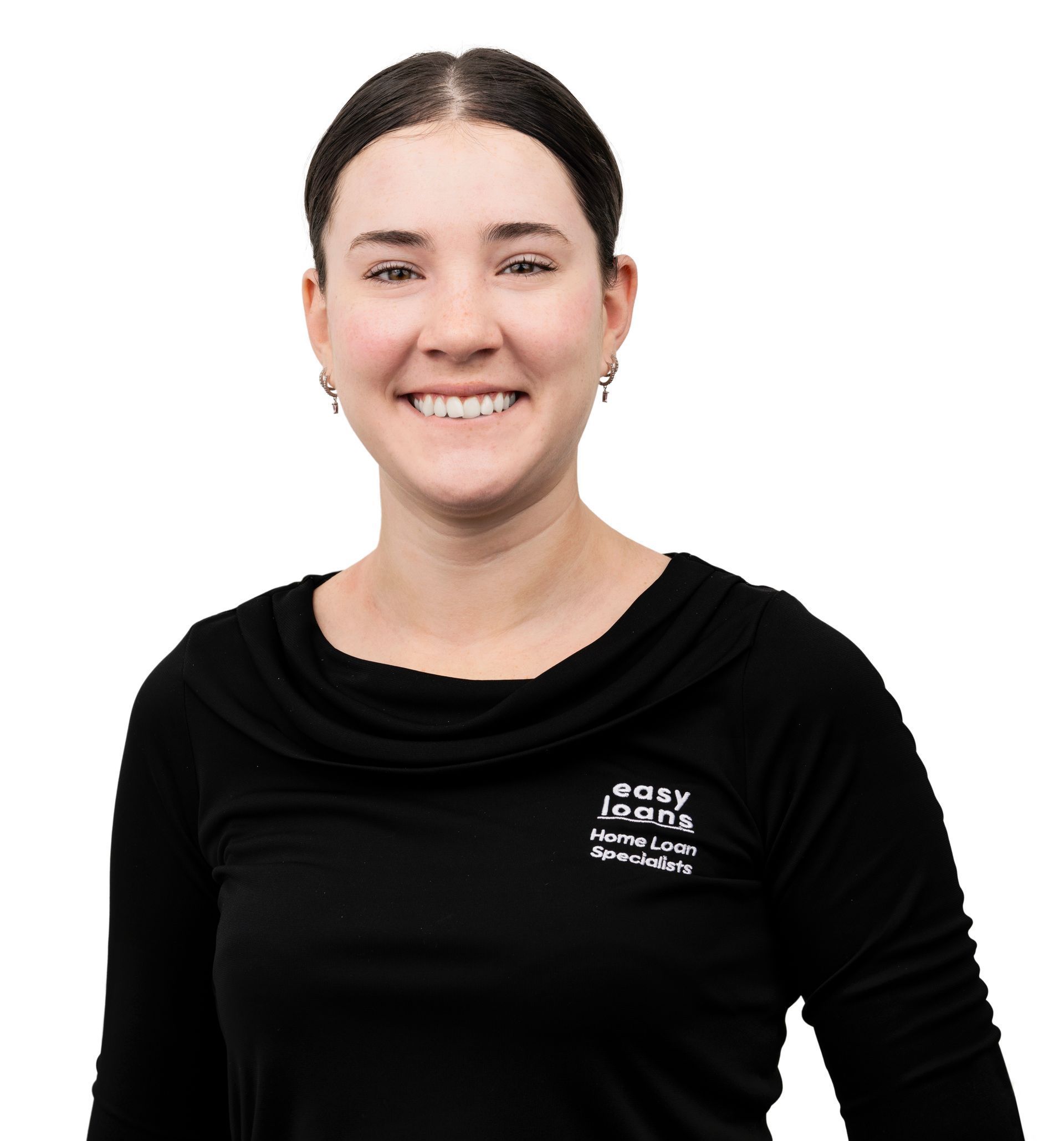 A woman wearing a black shirt and a necklace is smiling for the camera.