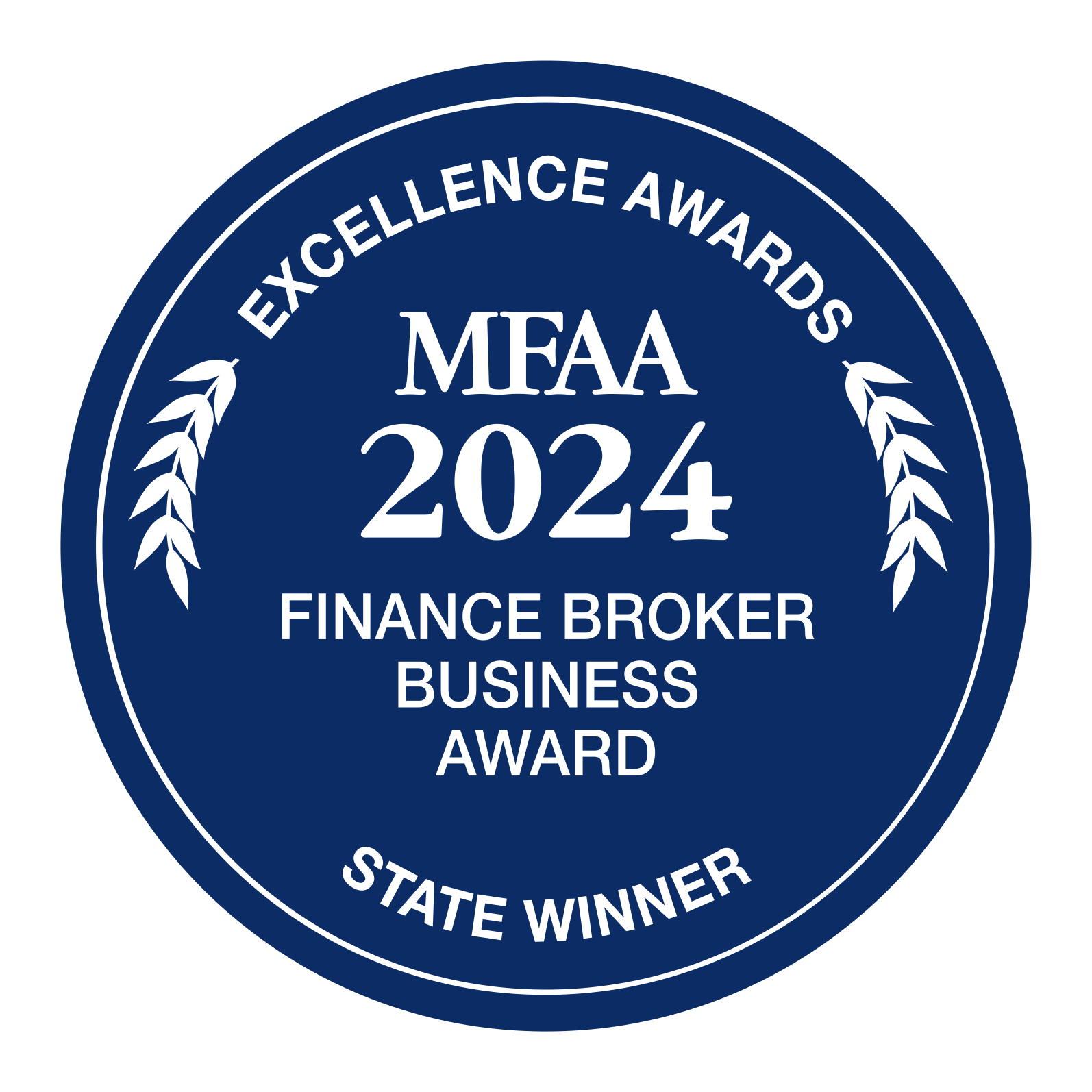 A blue circle that says excellence awards mfaa 2024 finance broker business award state winner