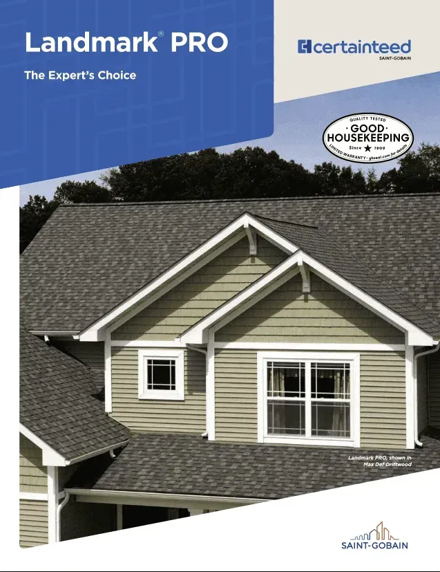 Brochure cover: Landmark PRO roofing over a green-sided house, Good Housekeeping seal.
