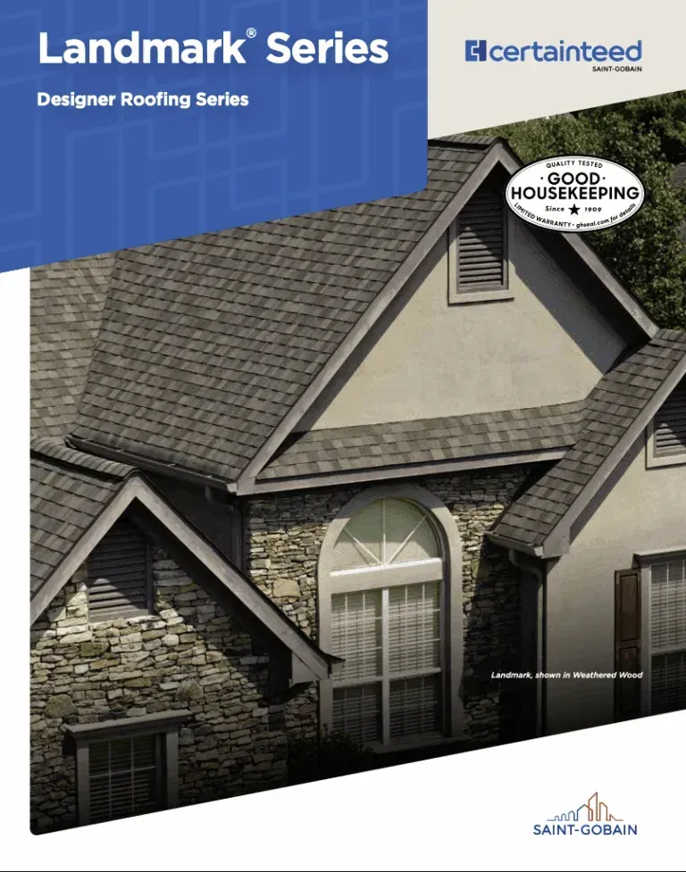 Brochure cover: CertainTeed Landmark roofing over a house, with Good Housekeeping seal.