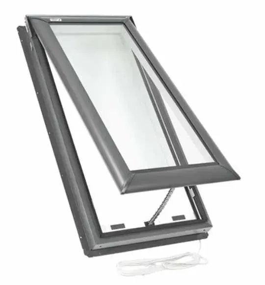 An open, gray skylight on a white background, with a long white cord hanging down.