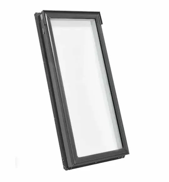 Gray, open skylight in a bright setting. Glass panel tilts outward from the frame.