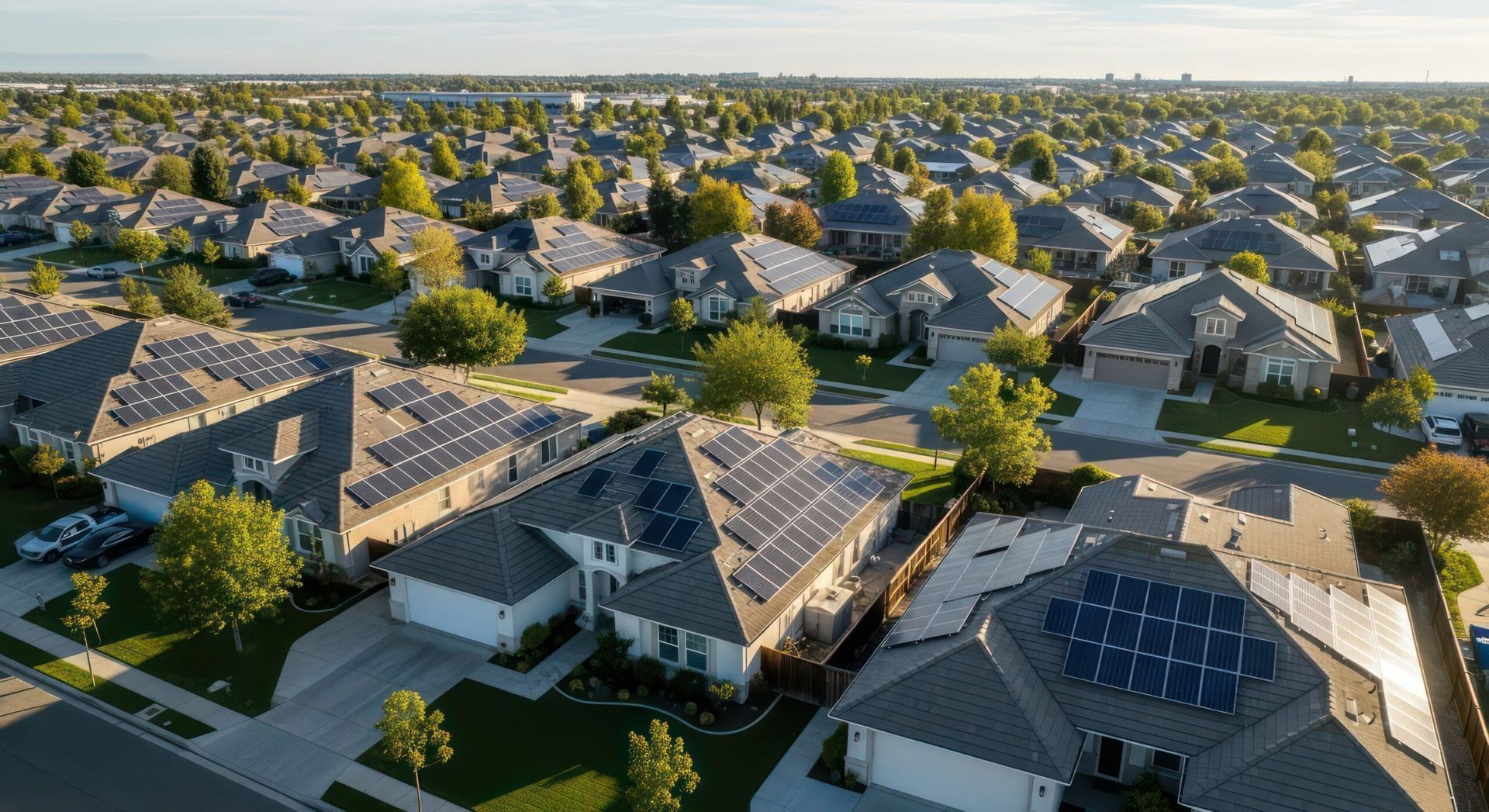 Aerial view of suburban homes with solar panels on rooftops. Green lawns, trees, and blue sky.