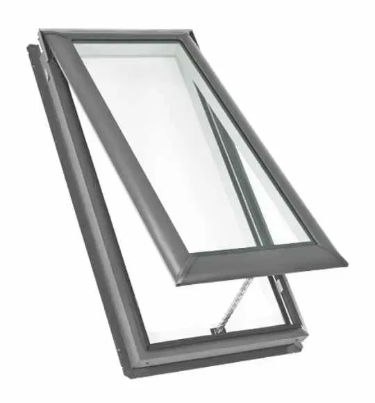 Open, gray-framed skylight with a transparent pane, angled against a white background.