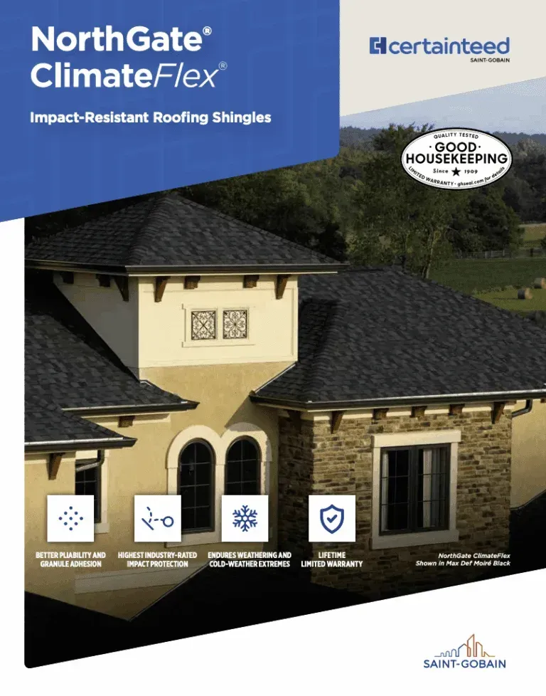 Brochure for NorthGate ClimateFlex impact-resistant roofing shingles. House with black shingle roof, product details, CertainTeed logo.