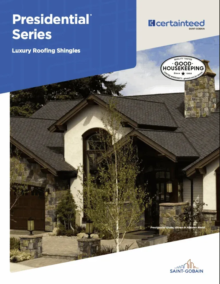 Cover: Presidential Series roofing shingles; house with stone facade, dark roof.