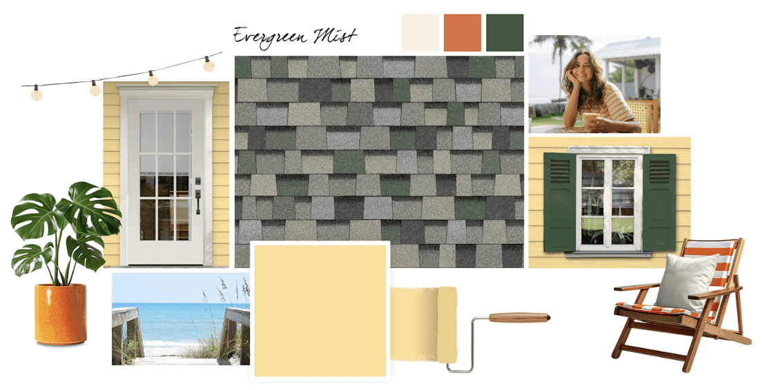 Coastal decor mood board with green roof tiles, yellow house, green shutters, beach.