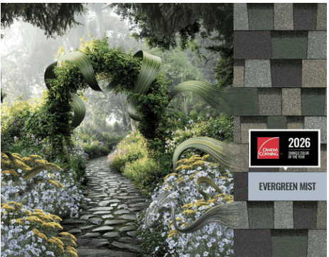 A stone path winds through a garden with a floral archway. Roof tiles in Evergreen Mist are shown.