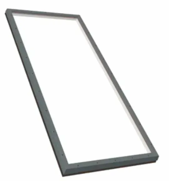 Gray, open skylight with a rectangular glass pane, angled against a white background.