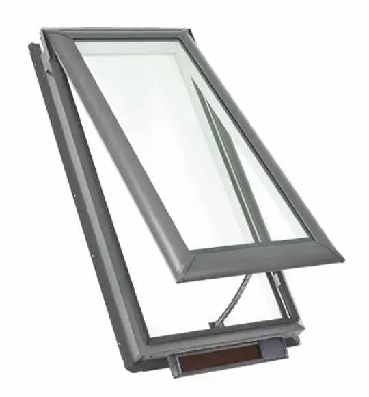 An open, gray skylight on an angled roof, revealing the sky.